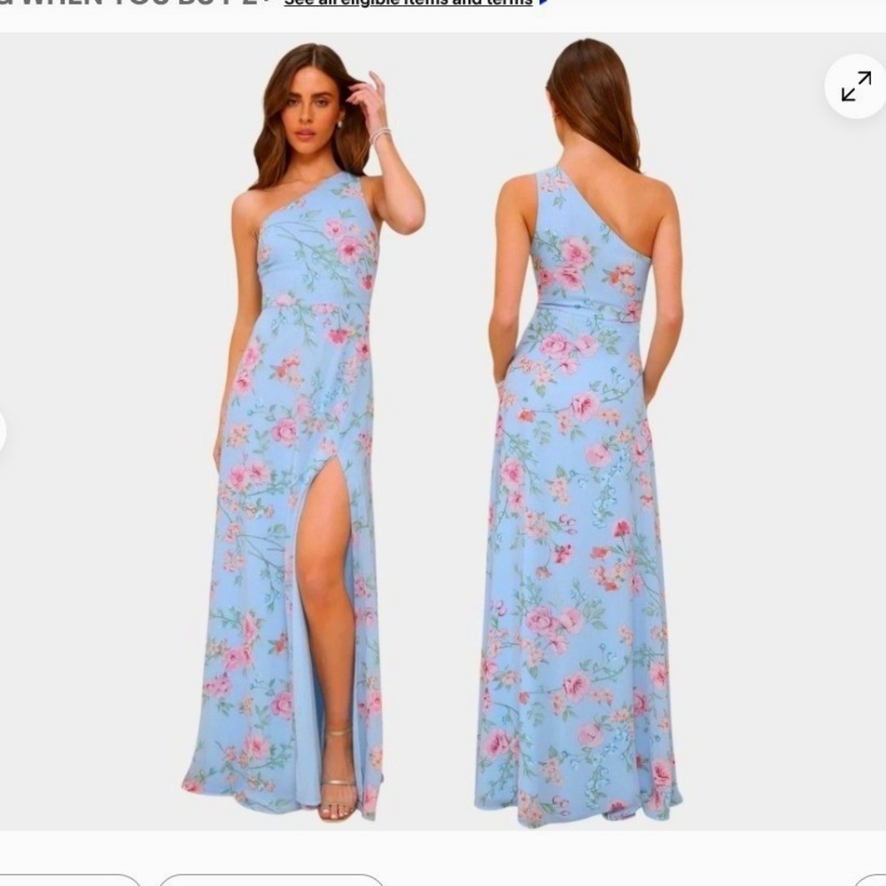 Lulus Light Blue Floral Elegant Admiration One Shoulder Maxi Dress M Wedding